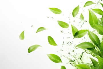 Falling fresh green tea leaves on a white surface - obrazy, fototapety, plakaty