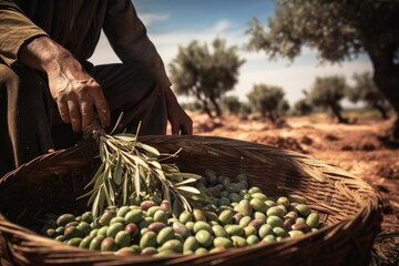 Farmer collects olives from Mediterranean trees - obrazy, fototapety, plakaty