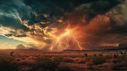 Fotobehang Dramatic view of heavy thunder storm coming over the desert Generative AI © Jennifer