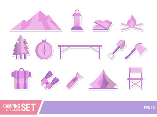 Purple hiking and camping sticker set. Illustration Camping vector set eps 10