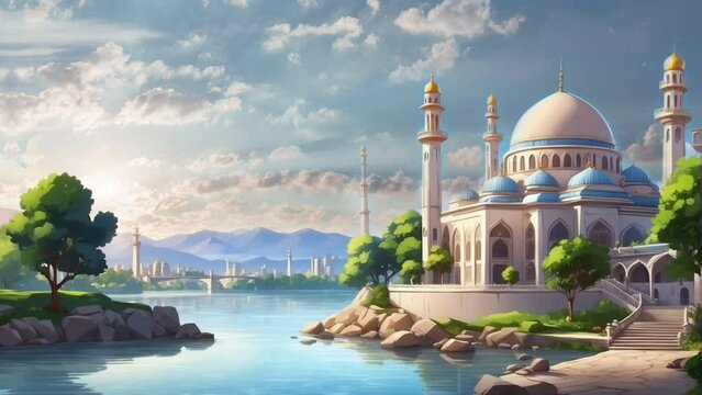 Beautiful mosque animation during ramadan with anime style illustration. seamless looping time-lapse 4k animation video background