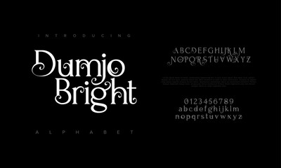 Dumjo premium luxury elegant alphabet letters and numbers. Elegant wedding typography classic serif font decorative vintage retro. Creative vector illustration