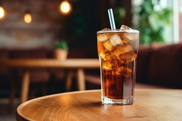 Fotobehang Fresh food and carbonated soda soda on a white dish served with soda water on a wooden table with a man sitting on a brown sofa in a pizzeria restaurant © The Big L