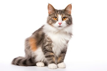 Obraz premium Front facing female cat isolated on white gray orange