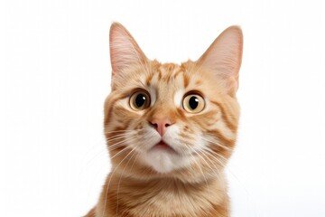 Front view portrait of a ginger cat looking directly into the camera on a white background