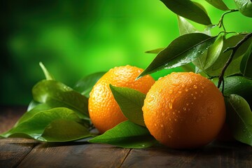 Fruit with leaves on wood Home gardening Mandarins Tangerines Orange shade Fresh juice