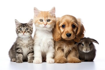 Gorgeous pets on a white backdrop cats dogs and a bunny