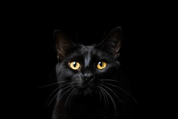 Graceful black purebred cat ready to eat isolated on white Depicting domestic animals pets love comfort Copy space for advertisements