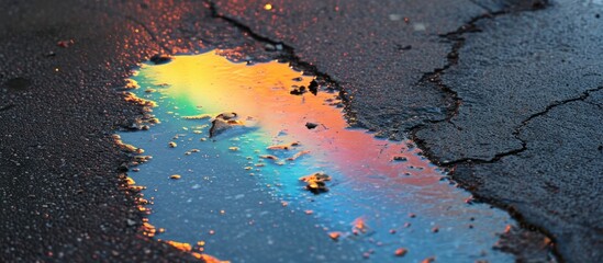 Colorful gasoline leak creating a rainbow on wet pavement.