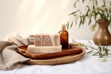 Fototapeta na wymiar Handmade soap on wooden dish towel underneath