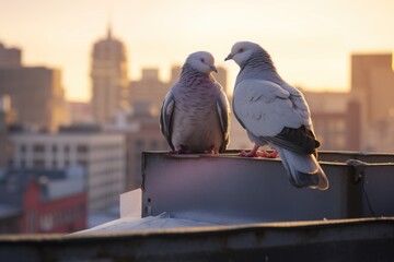 Cute couple of loving and colorful pigeons mating. Common city doves (Columba livia) standing on the roof of a building. Animals in the city.