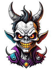 Gothic skull head with horns cartoon style illustration on transparent background