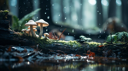 Mushrooms with rainforest background. - obrazy, fototapety, plakaty