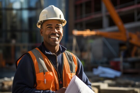 Portrait of middle aged construction worker looking thoughtful while standing at constraction site and using digital tablet.