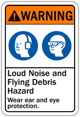 Falling material warning sign and labels loud noise and flying debris hazard