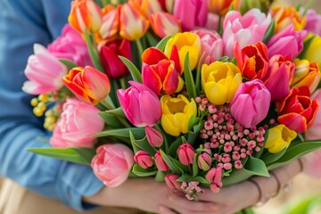 Abundant Tulip Bouquet in Embrace.
Hands cradling a rich and diverse tulip bouquet with vivid springtime colors.
