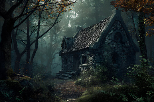 A foreboding gray house stands amidst the darkness of a dense, eerie forest—an ominous dwelling in a sinister setting, harboring an unsettling presence