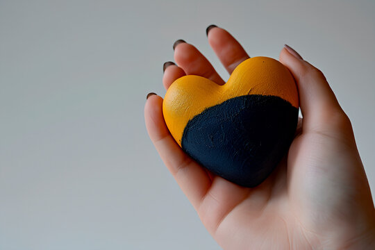 Heart in a woman's hand. A yellow-blue heart in a fragile female hand on a white background. The heart is in the hands of a person