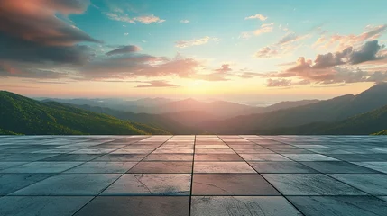 Foto op Plexiglas Zalmroze Empty square floor and green mountain with sky clouds at sunset. Panoramic view