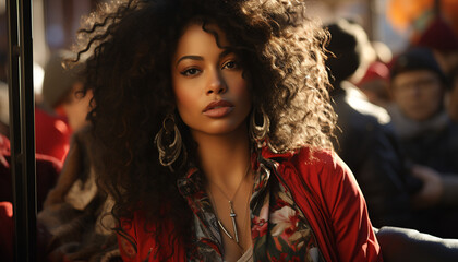 African beauty, confident elegance, curly hair, smiling, fashionable young woman generated by AI