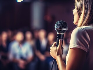 Confident Question: Seminar Attendee with Microphone,Engaged Seminar Participant