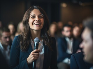 Confident Question: Seminar Attendee with Microphone,Engaged Seminar Participant