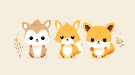 Naklejka premium Three Little Foxes Standing Together. Flat style design. Set.