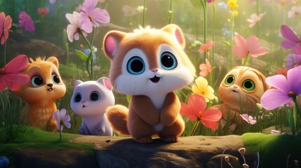 Group of Small Animals Standing in Field of Flowers