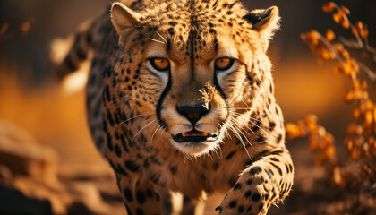 Majestic cheetah walking, staring, beauty in nature generated by AI