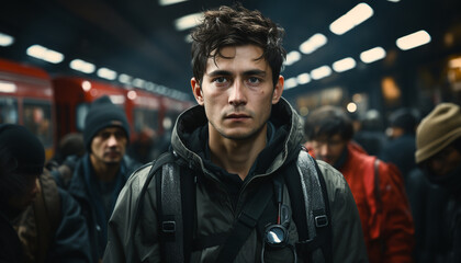 Fototapeta premium Young adult males in city, looking at camera generated by AI