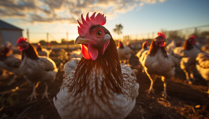 Chickens roam freely in the rural farm generated by AI - obrazy, fototapety, plakaty