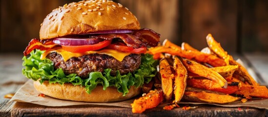 Perfect burger meal with angus steak burger, cheddar cheese, bacon, tomato, lettuce, onion, and sweet potato fries on the side. - obrazy, fototapety, plakaty