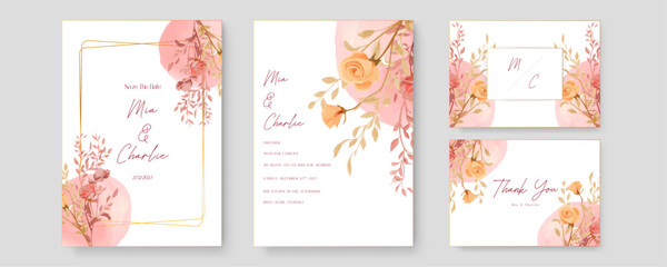 Fototapeta na wymiar Orange and pink rose wreath background invitation template with flora and flower