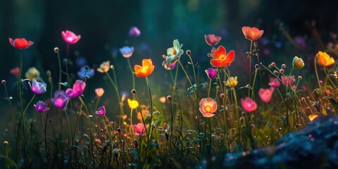 Wildflowers aglow in enchanting illumination, resembling a scene from a fantasy world.
