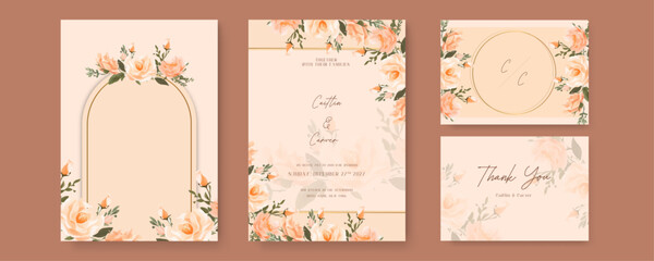 Peach and beige rose artistic wedding invitation card template set with flower decorations
