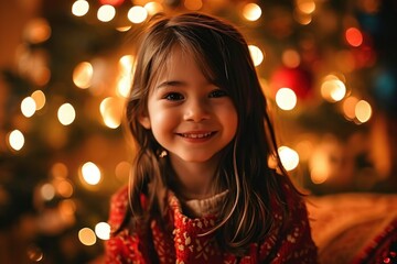 クリスマスツリーの前で微笑む女の子, Generative AI