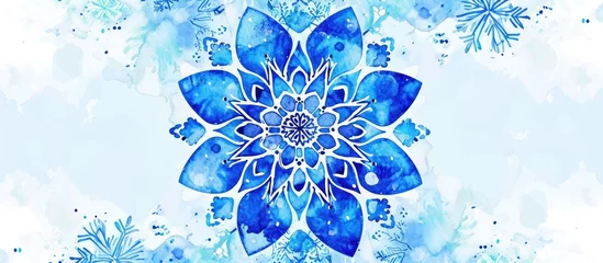 Schilderijen op glas Winter Blue geometric mandala with cute folk art Snowflake, in abstract hand-drawn watercolor pattern. © AkuAku