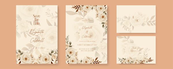Beige rose wedding invitation card template with flower and floral watercolor texture vector