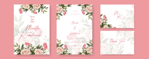 Pink rose luxury wedding invitation with golden line art flower and botanical leaves, shapes, watercolor