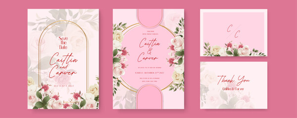 Pink rose artistic wedding invitation card template set with flower decorations