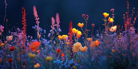 Fototapeta na wymiar beautiful illuminated wild flowers like a fantasy
