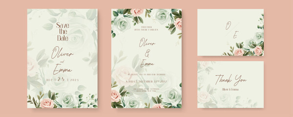 Pink and green rose luxury wedding invitation with golden line art flower and botanical leaves, shapes, watercolor