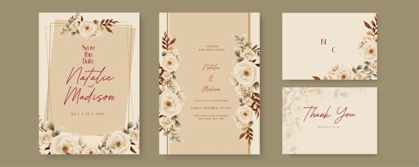 Beige rose vector wedding invitation card set template with flowers and leaves watercolor