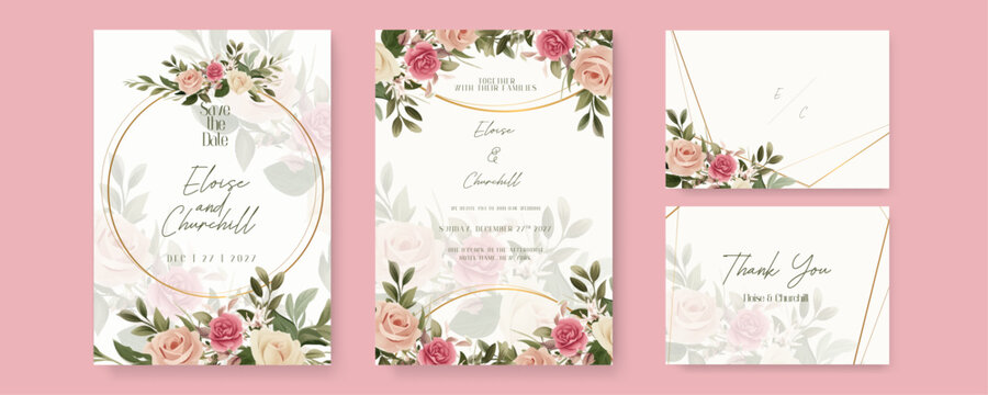 Pink and beige rose set of wedding invitation template with shapes and flower floral border