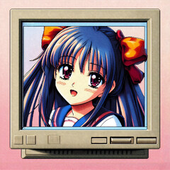 Computer monitos with a drawing of an anime girl, made on an old graphic program illustration