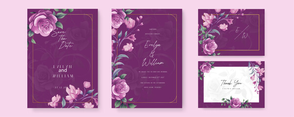 Purple violet rose vector elegant watercolor wedding invitation floral design