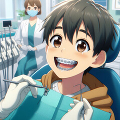 Dentist fixing a child's teeth braces, digital illustration