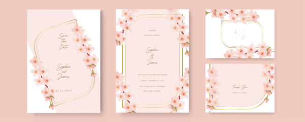 Pink sakura vector elegant watercolor wedding invitation floral design
