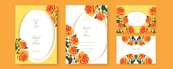 Orange rose modern wedding invitation template with floral and flower