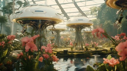 A futuristic garden with self-watering plants and drones pollinating flowers with precision.